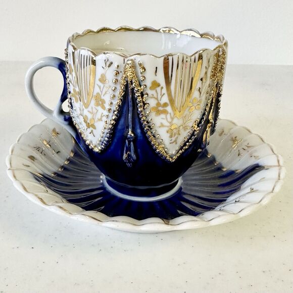 Rare 19th century Made In Germany Tea Cup & Saucer Set Cobalt Blue &‎ Gold Trim - Picture 4 of 11
